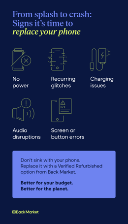 A graphic shows five signs that it’s time to replace a water damaged phone.