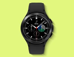 An image of a Samsung Galaxy Watch 4 on a yellow background