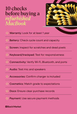 A graphic covering 10 things to check when buying a refurbished MacBook.