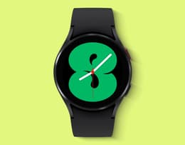 Samsung Galaxy Watch 4 on yellow background