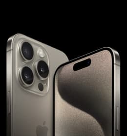 Five iPhone 15 smartphones overlapping - views of camera system from front and rear