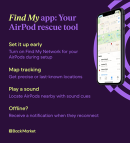 A graphic highlighting the features of the Find My app for locating missing AirPods.